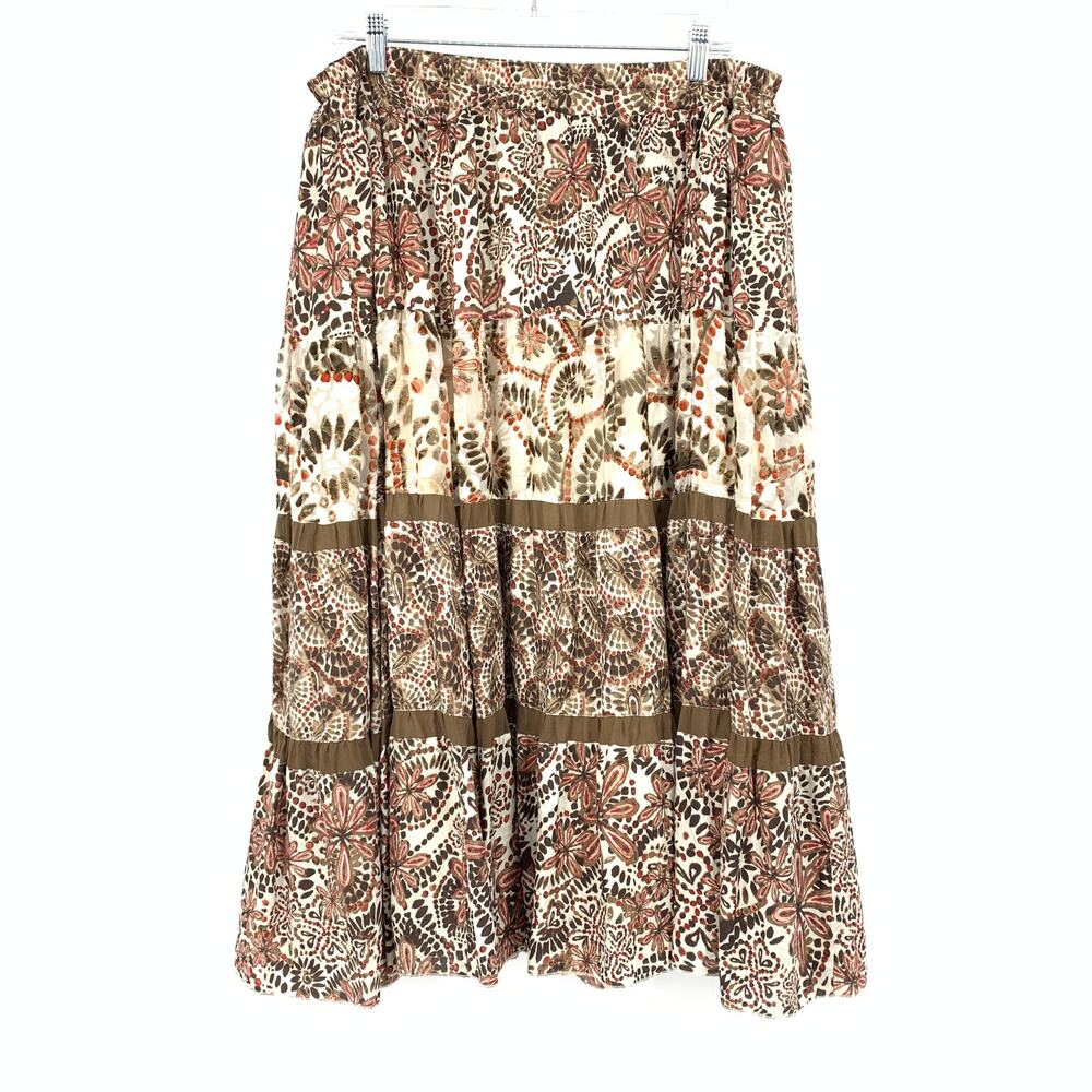 Chicos Broomstick Skirt Womens Size 2 US Large Brown Tan Floral Mosaic Print